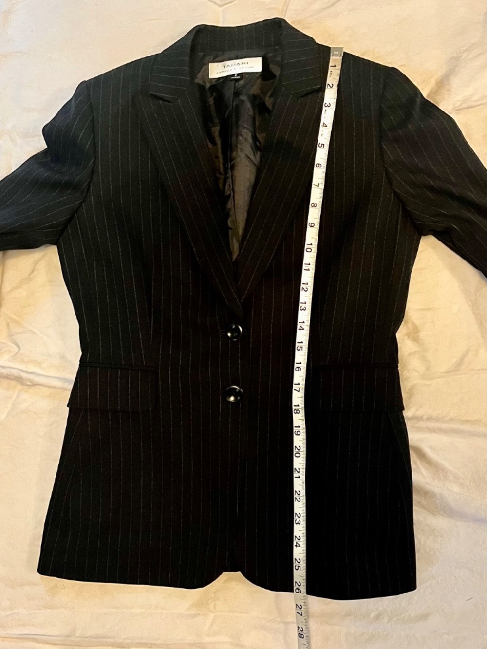 Tahari ASL Black Pinstripe Pantsuit 2 Button Blazer Flat Front Pants 6 MINT $278 - Picture 12 of 15